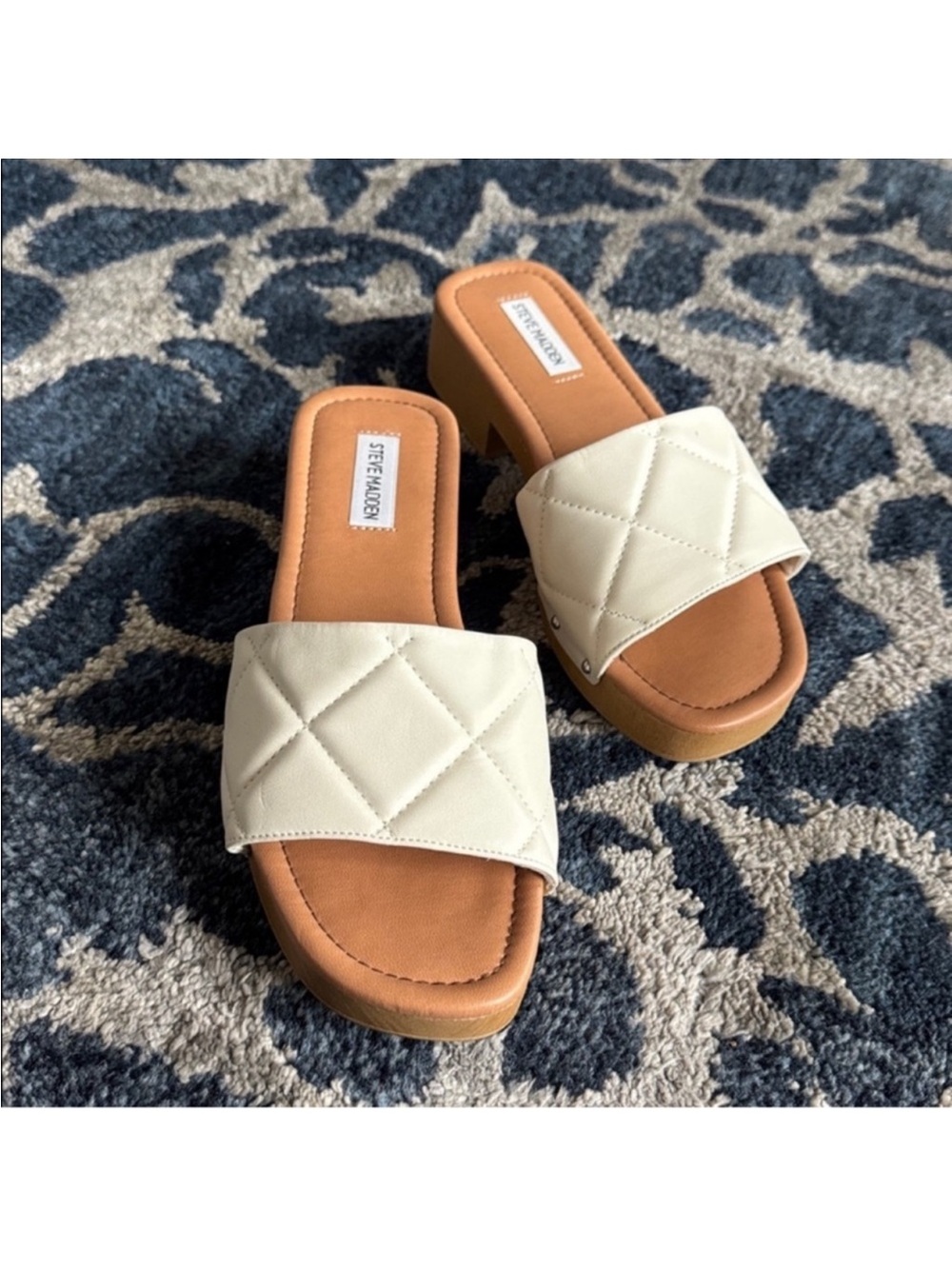 Steve Madden Olad Quilted Faux Wooded Slides/Sandals Sz 9 Ivory Tan